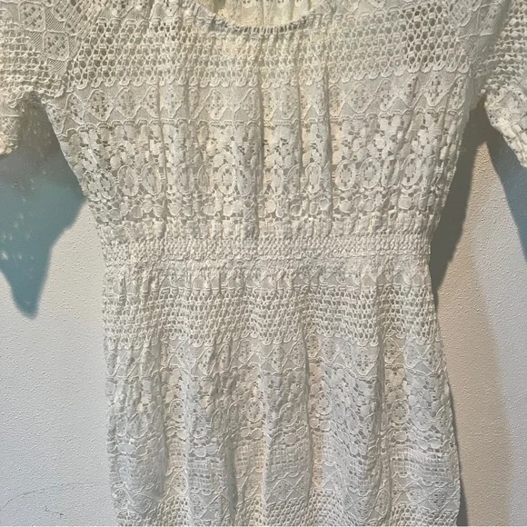 White Knit Knee Length Dress with Slip No Tags Open Eyelet Short Sleeve - Picture 4 of 5